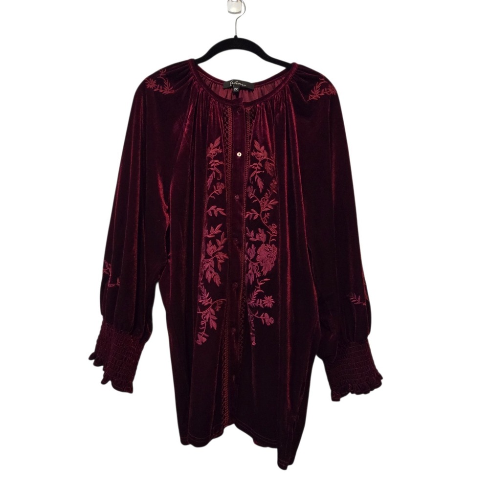 Caleoas Embroidered Velvet Peasant Blouse Top Women's 2X Wine Boho Whimsygoth